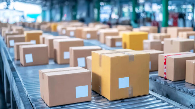 Brown and yellow cardboard boxes with white labels moving on a conveyor belt, illustrating automated sorting and shipping efficiency