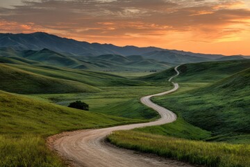 Obraz premium Sunset Landscape Winding Path Unpaved Road Rolling Terrain