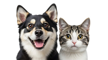 Fototapeta premium Close up of a smiling dog with open mouth and a cat looking forward on a black background studio shot