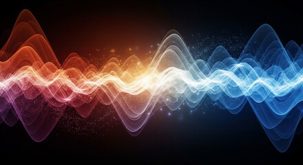 A dynamic digital representation of oscillating soundwaves, shifting in color from fiery orange to cool blue on a dark backdrop
