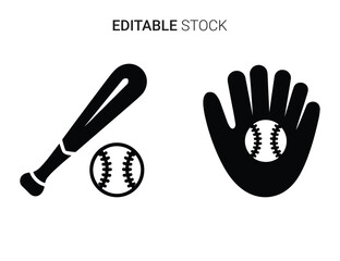 Beautiful silhouette vector of black silhouette icon set of baseball bat glove and ball isolated on