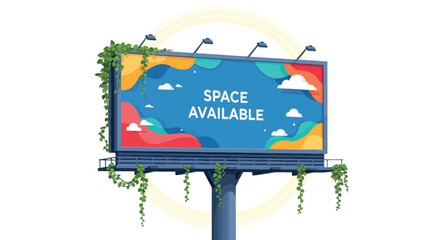 A colorful billboard with "SPACE AVAILABLE" text, surrounded by green vines, against a white background, representing advertising opportunities.