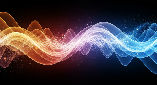 Abstract digital visualization of a vibrant sound wave, with a colorful frequency spectrum transitioning from warm to cool tones - Powered by Adobe