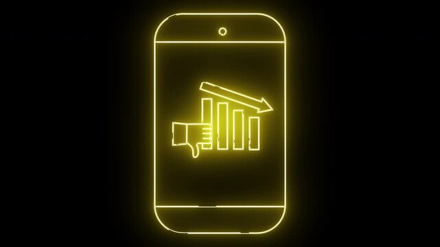 A neon yellow outline of a phone displays a chart with a down turning arrow and a thumbsdown symbol