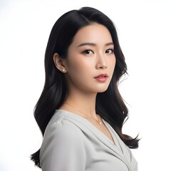 Beautiful young asian woman with dark wavy hair and light makeup