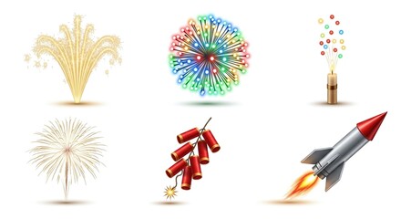 Collection of colorful firework explosions and rocket isolated on white background