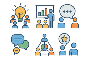 Business meeting icons with people and symbols of ideas and communication teamwork