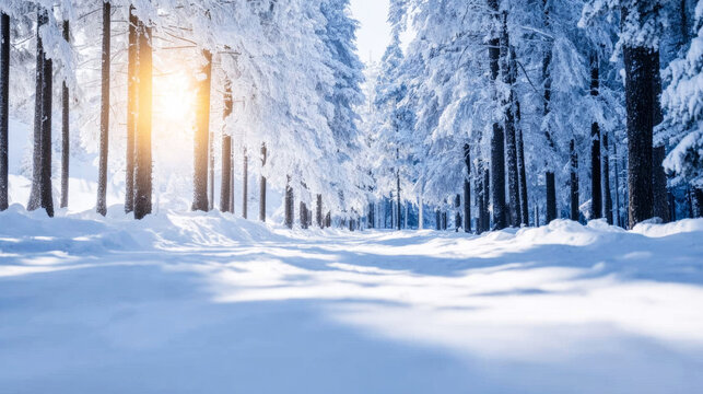 Snow covered forest landscape featuring sun rays breaking through frosted trees, creating a serene and seasonal outdoor scene - Powered by Adobe