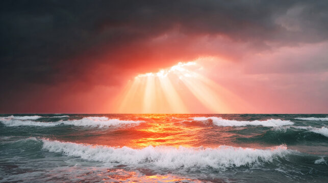 Intense sunlight piercing dark clouds, illuminating ocean waves with vibrant orange and red at a dramatic sunset or sunrise