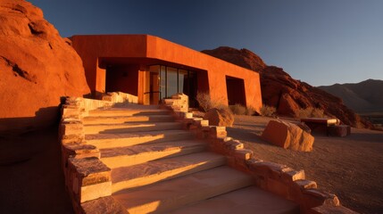 Low-profile desert home with red earth exterior and wide stone steps volumetric backlight at golden hour outlining silhouette
