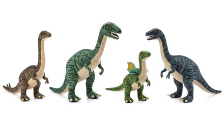 Four realistic dinosaur toy figurines standing together isolated on white background