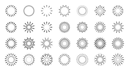 A set of fireworks icons, vector illustration, isolated on a white background. A graphic icon, a festive element for a design, postcard, poster, Christmas, holiday. Sparks, lights, explosions, flashes