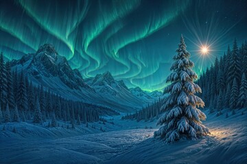 Northern Lights Over Snowy Mountain Valley at Night
