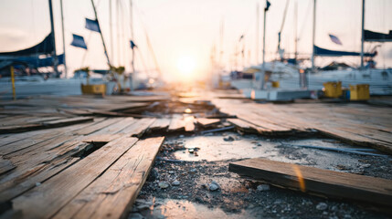 Marina dock showing severe damage from extreme weather and natural disaster, broken wood and debris with sailboats in background