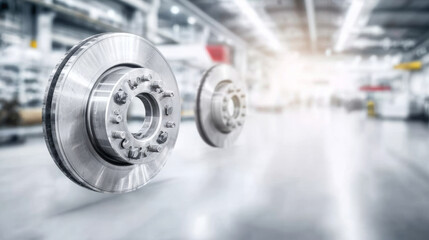 Freshly minted metallic brake discs set against the backdrop of a pristine factory, showcasing the artistry of precise engineering and the production of automotive components
