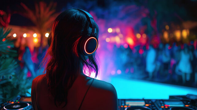 DJ performs at vibrant pool party under colorful lights with crowd dancing in the background