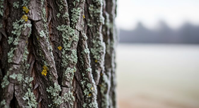 Detailed close-up of tree bark with lichen in natural setting