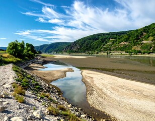Wide riverbed with low water levels; hills and trees visible under blue sky with wispy clouds