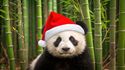 Christmas animal panda wearing red Santa hat in bamboo forest, festive and joyful mood, green background, cute wildlife holiday concept