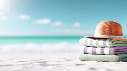 Stacked colorful beach towels with a straw hat sitting on soft white sand, ocean and sky blurring in background