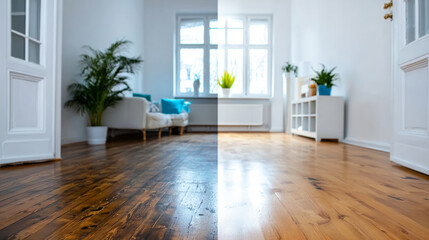 Fototapeta premium Apartment interior renovation displaying before and after transformation with refurbished wooden floor, bright walls, and modern style