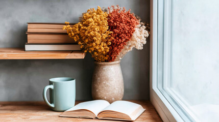 Relaxing domestic scene featuring an open book, drinking cup, and dried floral arrangement creating a warm, cozy atmosphere