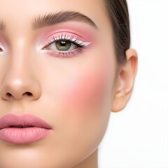 Close up of a young woman s face with artistic pink eye makeup and blush