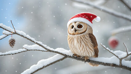 Christmas animal owl wearing red Santa hat sits on snowy tree branch with pine cone and falling snow in winter forest