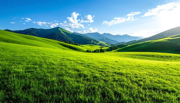 Scenic view of a green meadow, rolling hills, and a bright sunny sky