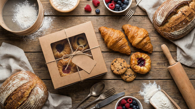 Delicious Baked Goods and Fresh Pastries Artfully Arranged on a Rustic Wooden Table, Featuring Warm Bread, Croissants, and Berries
