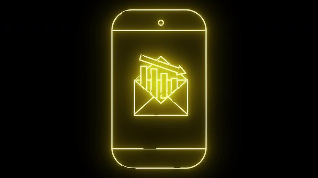 A neon yellow outline of a smartphone displays a graph and arrow inside an open envelope