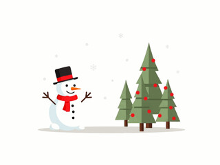 A cheerful snowman wearing a black hat and red scarf stands next to decorated Christmas trees in a snowy, minimalist scene.