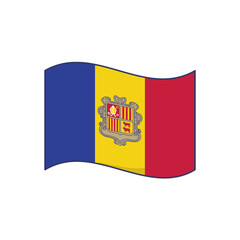 Waving national flag of Andorra, displaying its vertical blue, yellow, and red stripes along with the central coat of arms. A vibrant symbol of national identity