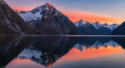 Majestic sunset over snow-capped mountain range reflecting in tranquil lake