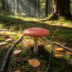 Red Spotted Mushroom in Forest Floor.