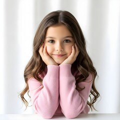 Young girl with long brown hair resting her chin on her hands wearing a pink sweater