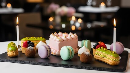 Elegant dessert selection with pastel macarons and cakes for a celebratory event or special occasion treat.