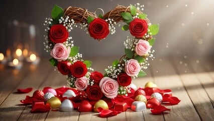 Romantic heart wreath with roses and chocolates for Valentine's Day celebration or heartfelt gift idea.