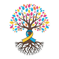 Tree of life with colorful leaves and awareness ribbons symbolizing hope and support