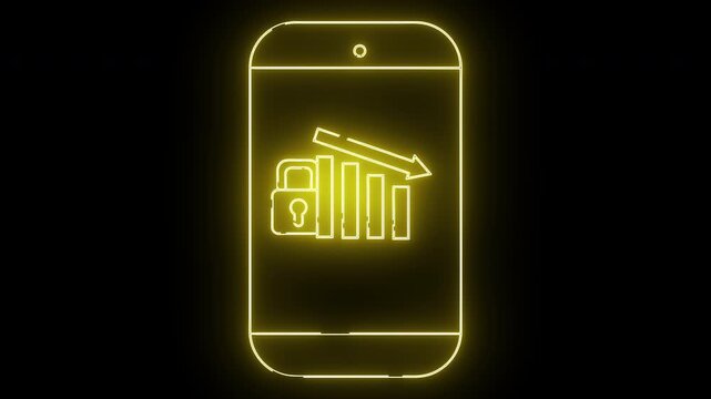 A neon yellow outlined cell phone displaying a graph with a downward arrow and padlock on a black background