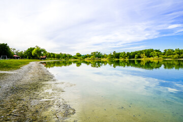 View of the Kranzberger See recreation area in the Amper Valley near Kranzberg. Idyllic nature by the lake.
