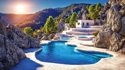 Mountain spa retreat terraces with blue pools at golden hour, a tranquil destination for relaxation and wellness
