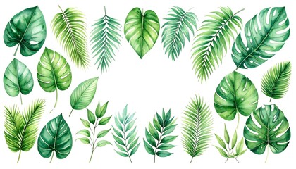 Watercolor illustration of vibrant green tropical leaves arranged on a white background, painted with light and shadow detail