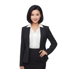 Confident asian businesswoman in a professional suit standing against a white background