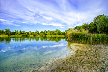 View of the Kranzberger See recreation area in the Amper Valley near Kranzberg. Idyllic nature by the lake.
