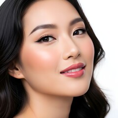 Beautiful asian woman with makeup and dark hair smiling