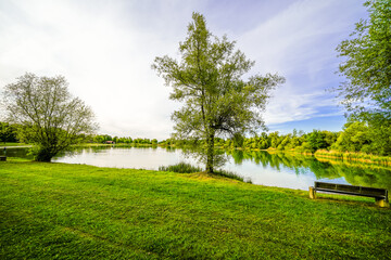 View of the Kranzberger See recreation area in the Amper Valley near Kranzberg. Idyllic nature by the lake.

