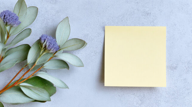 Blank yellow sticky note with delicate eucalyptus branch displaying purple flowers on a light blue concrete background