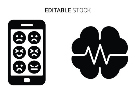 Beautiful silhouette vector of smartphone with mood tracker emojis and brain health icon isolated on