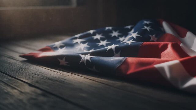 Folded American Flag on Rustic Wooden Table with Soft Window Light